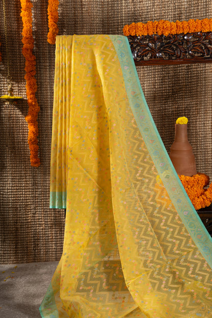 Banarasi Kora Organza Chevron Lines Yellow Saree