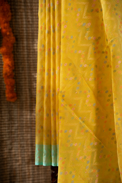 Banarasi Kora Organza Chevron Lines Yellow Saree