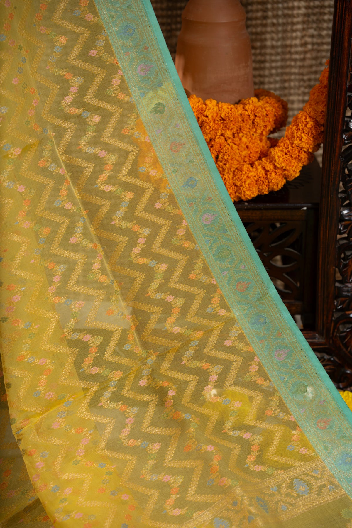 Banarasi Kora Organza Chevron Lines Yellow Saree