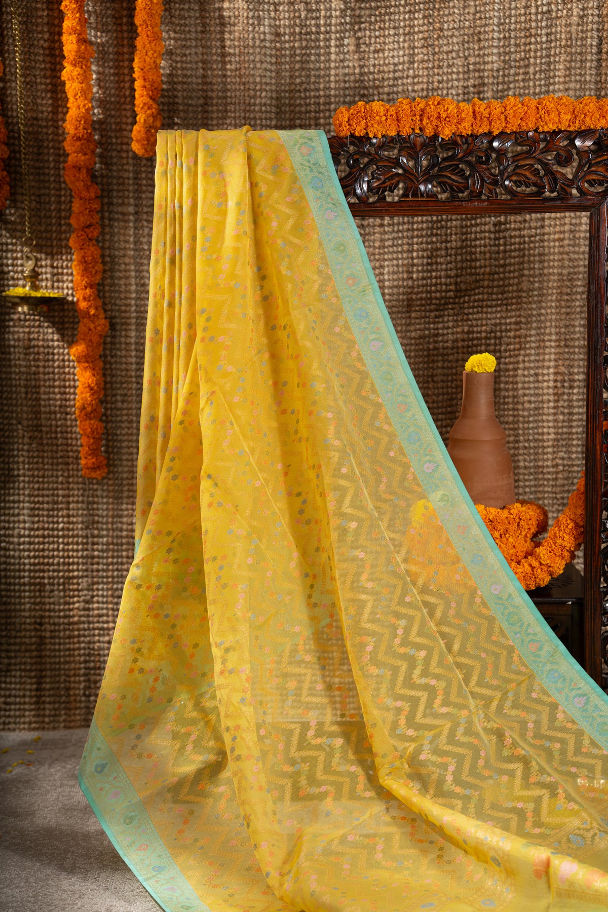 Banarasi Kora Organza Chevron Lines Yellow Saree