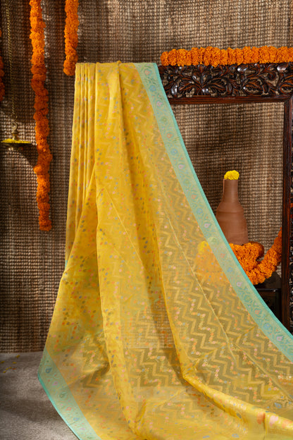 Banarasi Kora Organza Chevron Lines Yellow Saree