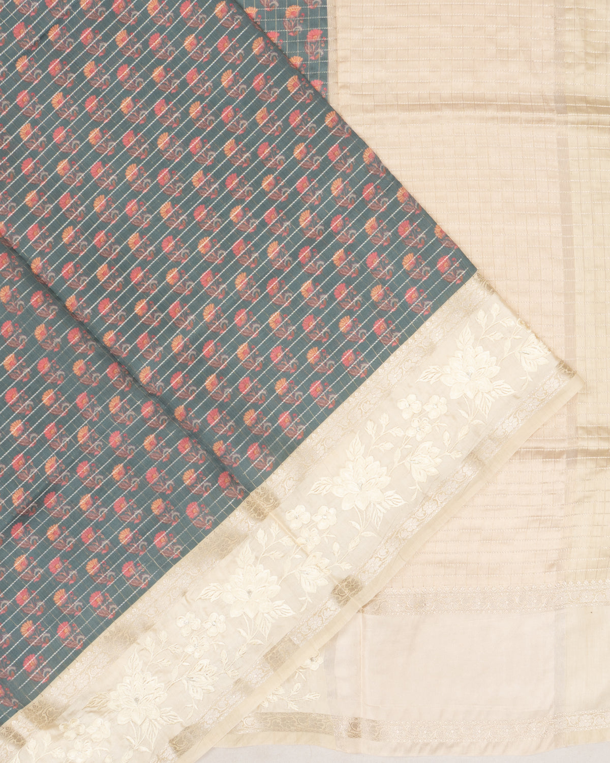 Chanderi Silk Checks And Floral Printed Dark Blue Saree