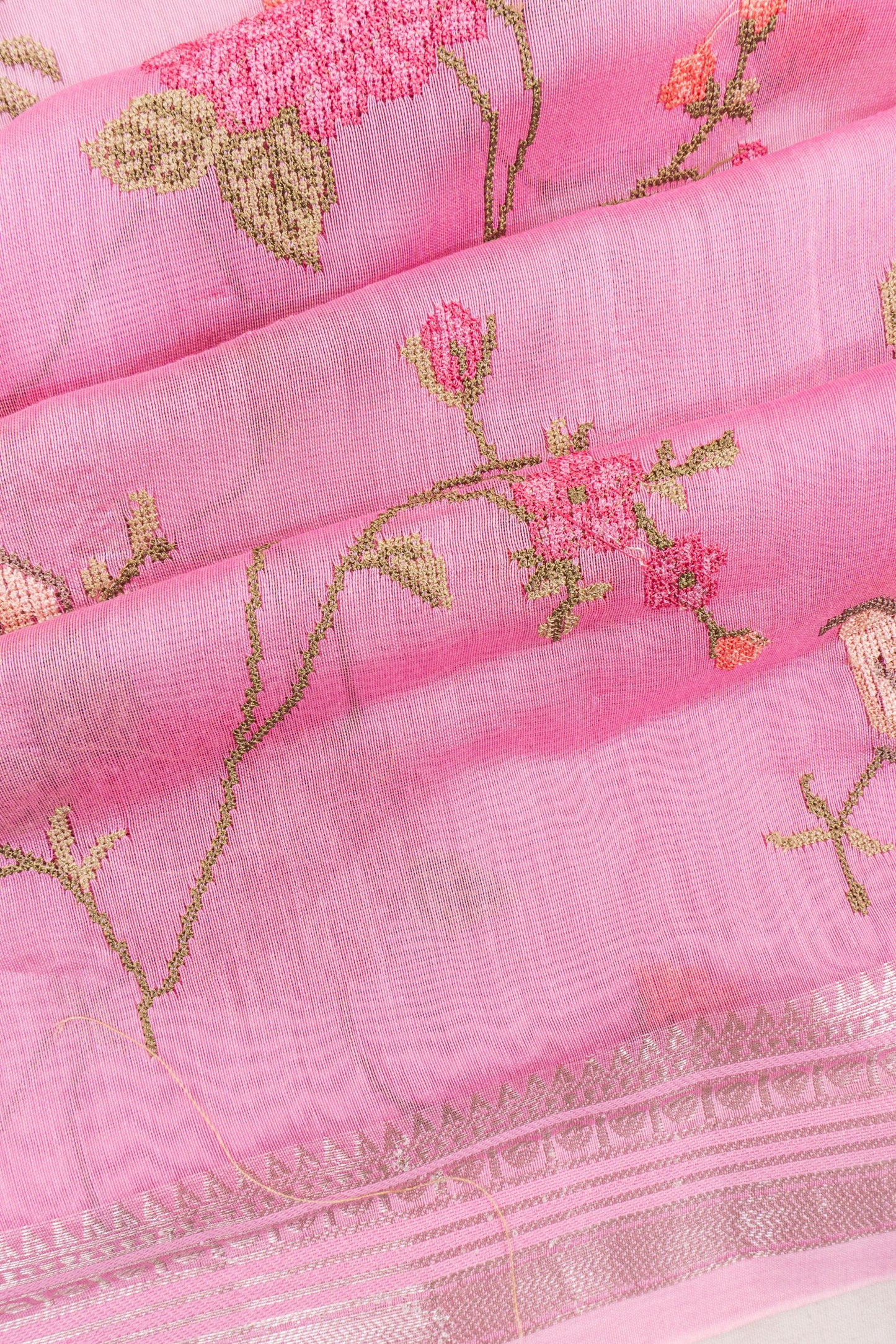 Chanderi Cotton Embroidery Pink Saree