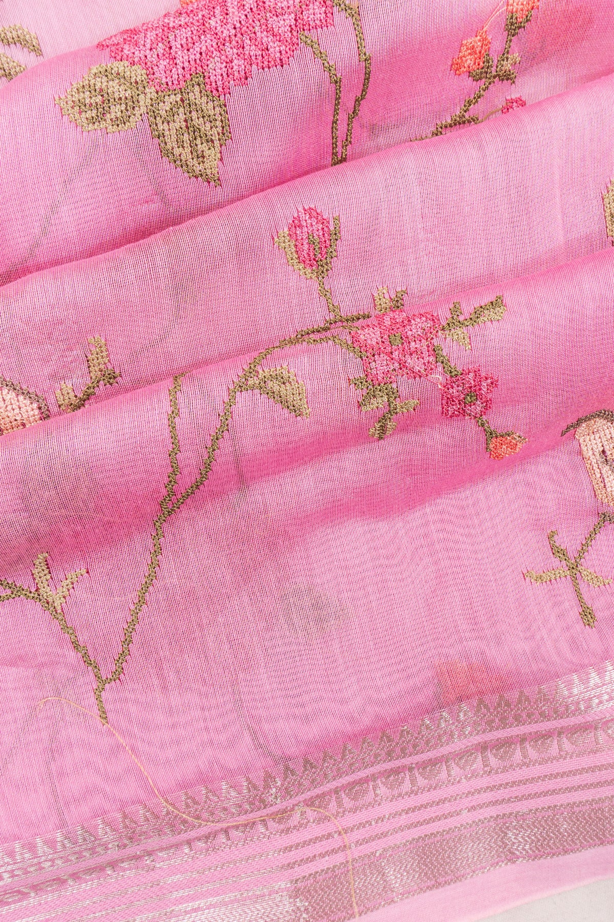 Chanderi Cotton Embroidery Pink Saree