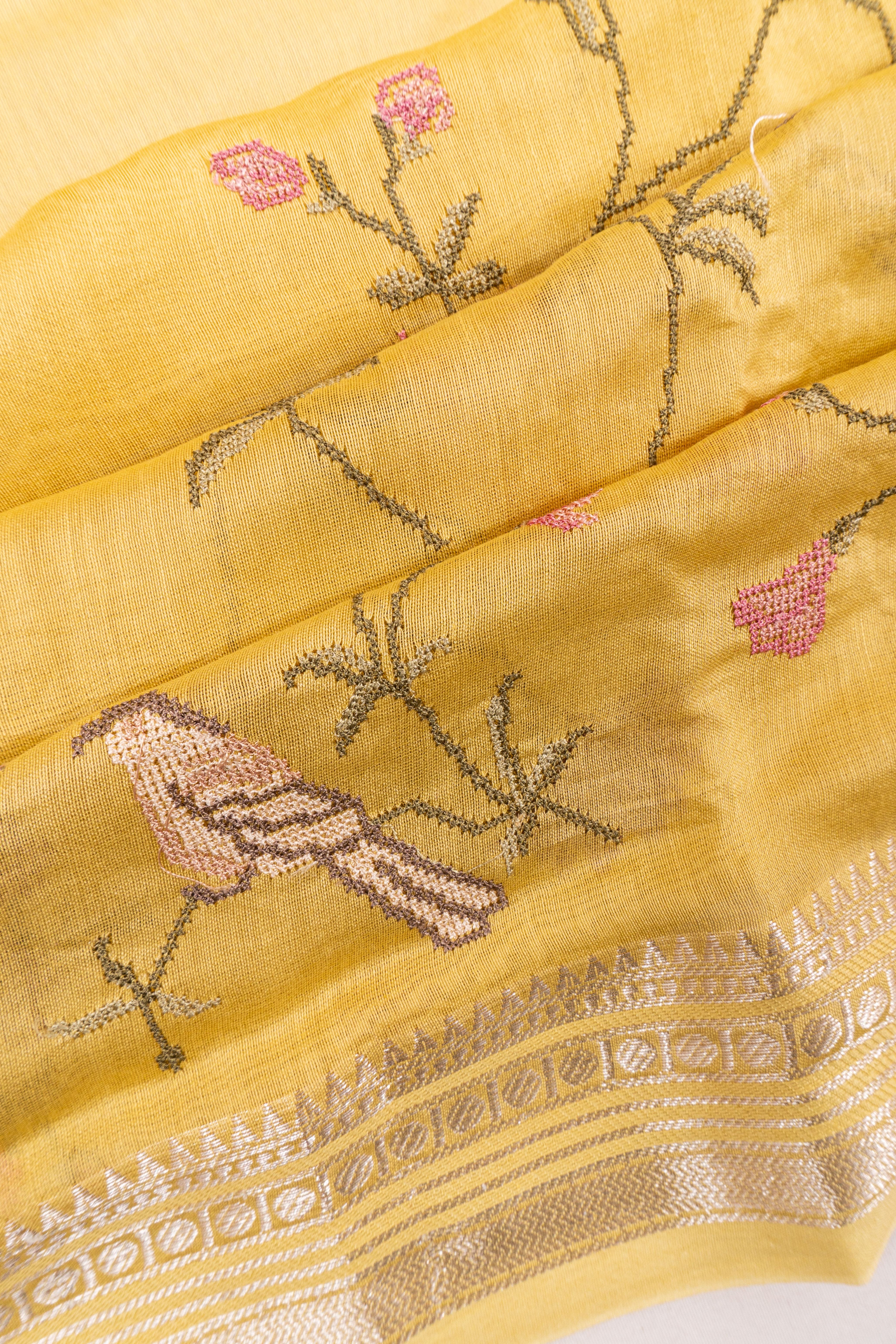 Chanderi Cotton Embroidery Yellow Saree