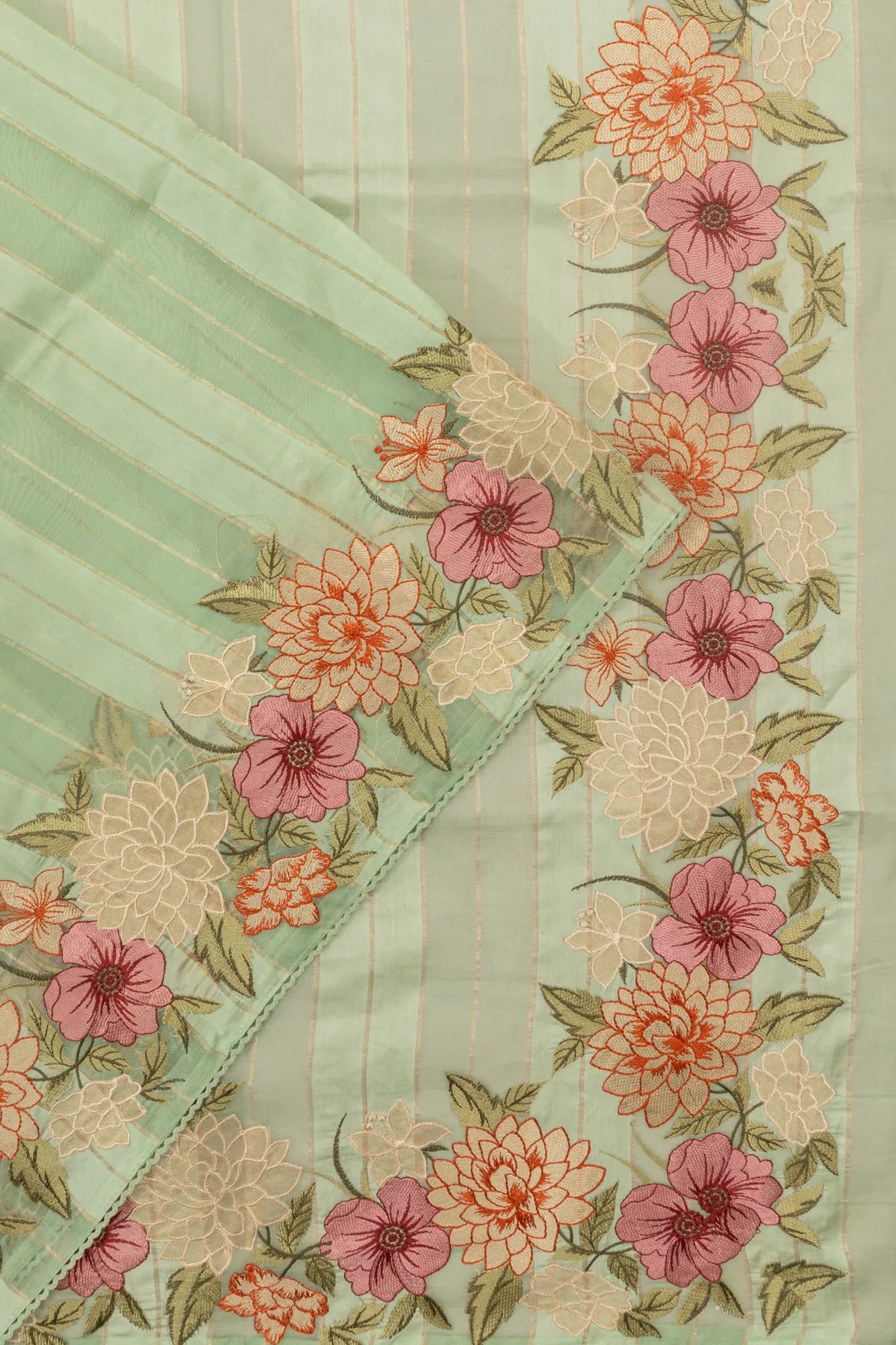 Organza Lines Green Saree With Embroidery Saree
