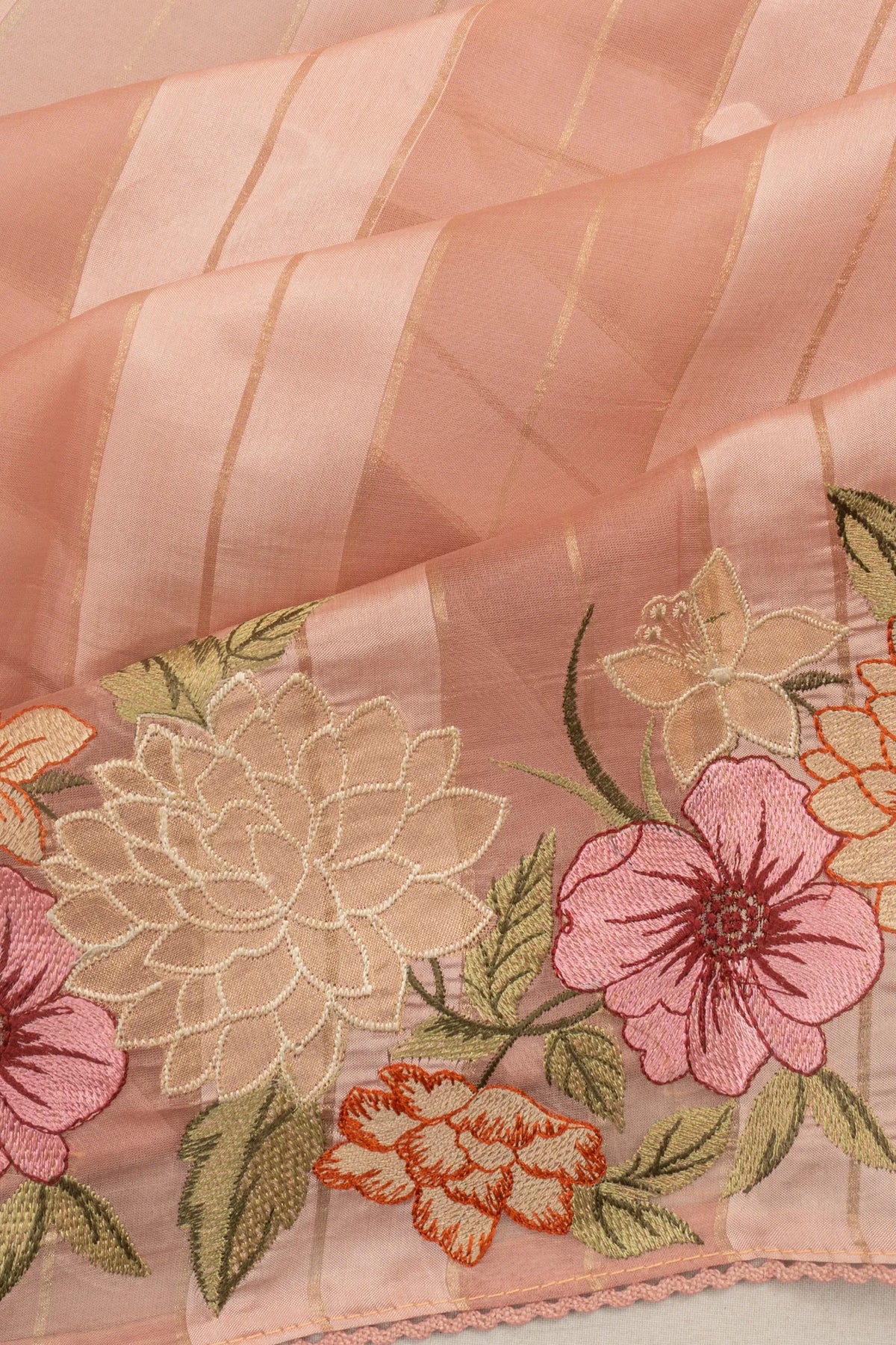Organza Lines Peach Saree With Embroidery Saree