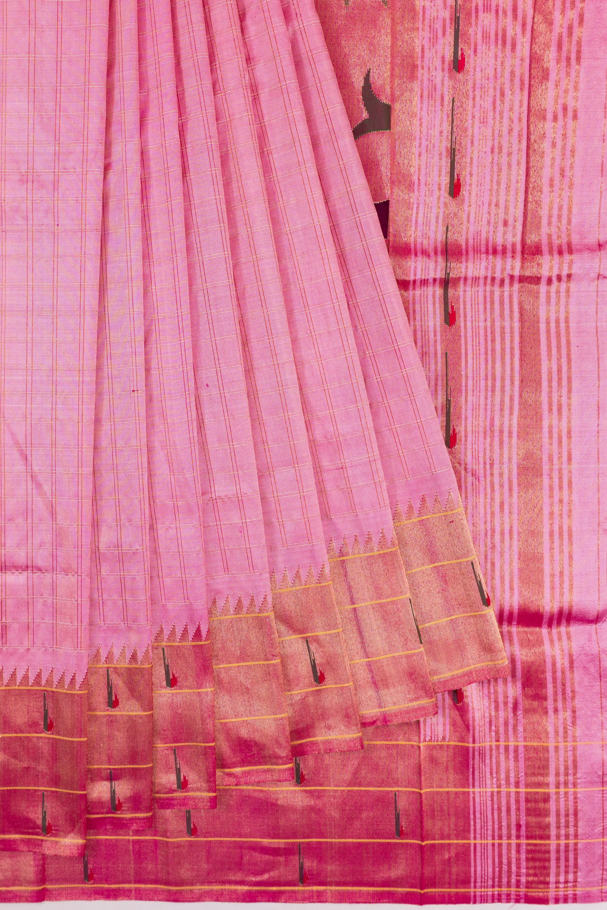 Paithani Silk Checks Baby Pink Saree With Triple Muniya Border