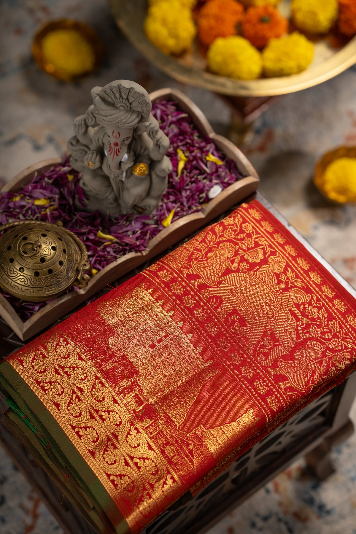 Kanchipuram Silk Brocade Red Saree With Gopuram Motifs