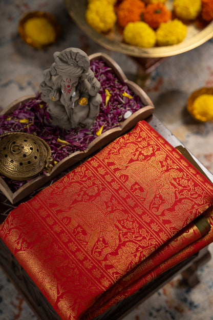 Kanchipuram Silk Brocade Red Saree With Gopuram Motifs