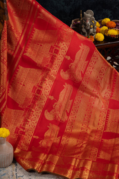 Kanchipuram Silk Brocade Red Saree With Gopuram Motifs