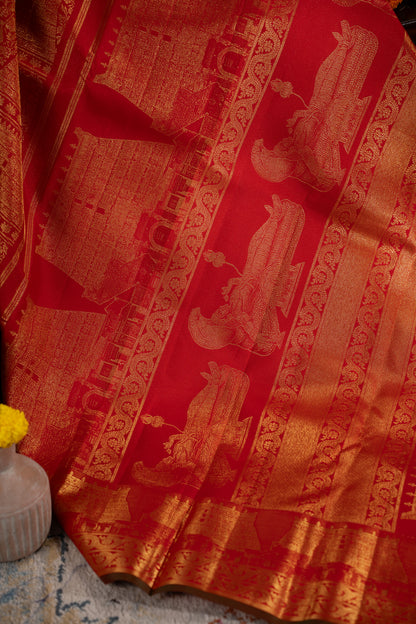 Kanchipuram Silk Brocade Red Saree With Gopuram Motifs