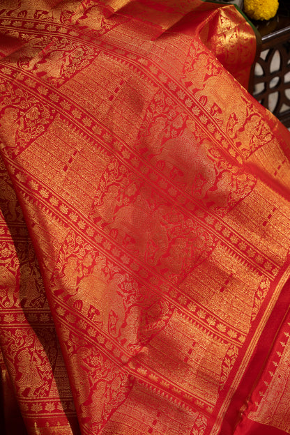 Kanchipuram Silk Brocade Red Saree With Gopuram Motifs