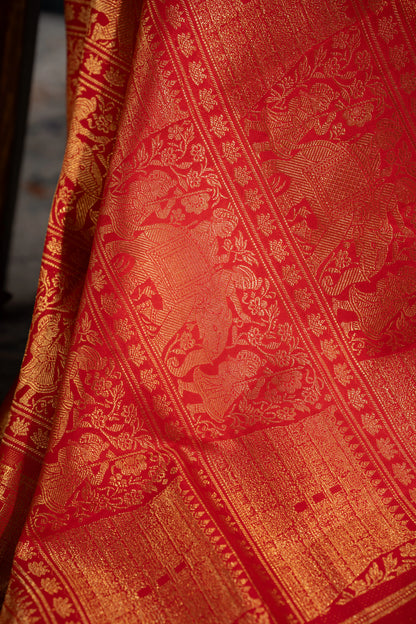 Kanchipuram Silk Brocade Red Saree With Gopuram Motifs