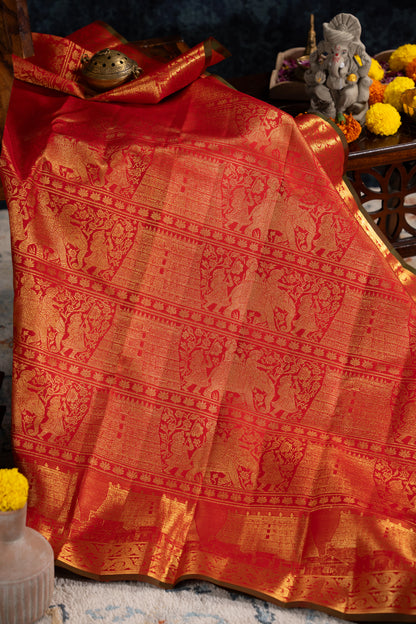 Kanchipuram Silk Brocade Red Saree With Gopuram Motifs
