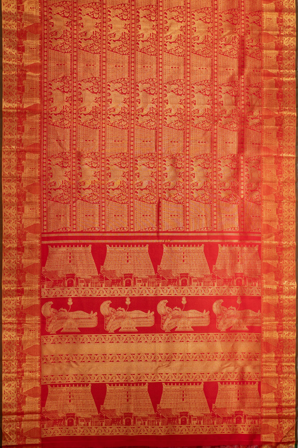 Kanchipuram Silk Brocade Red Saree With Gopuram Motifs