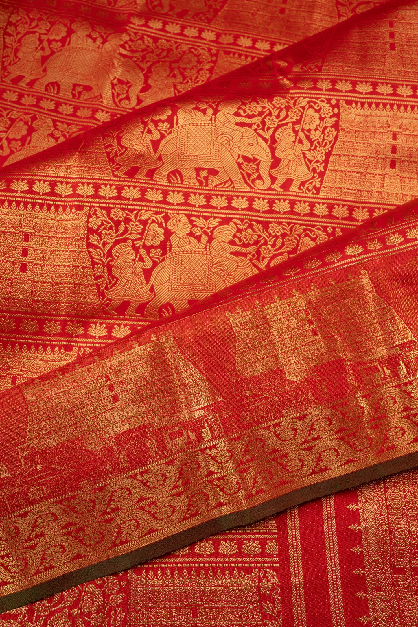 Kanchipuram Silk Brocade Red Saree With Gopuram Motifs