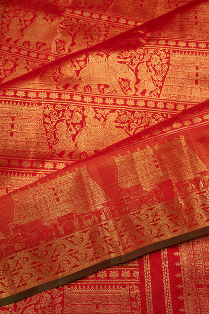 Kanchipuram Silk Brocade Red Saree With Gopuram Motifs