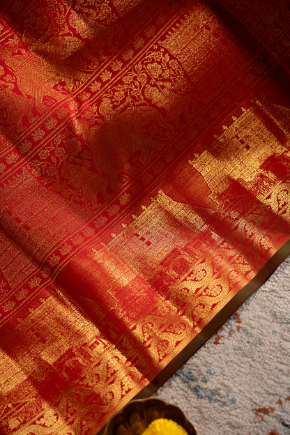 Kanchipuram Silk Brocade Red Saree With Gopuram Motifs