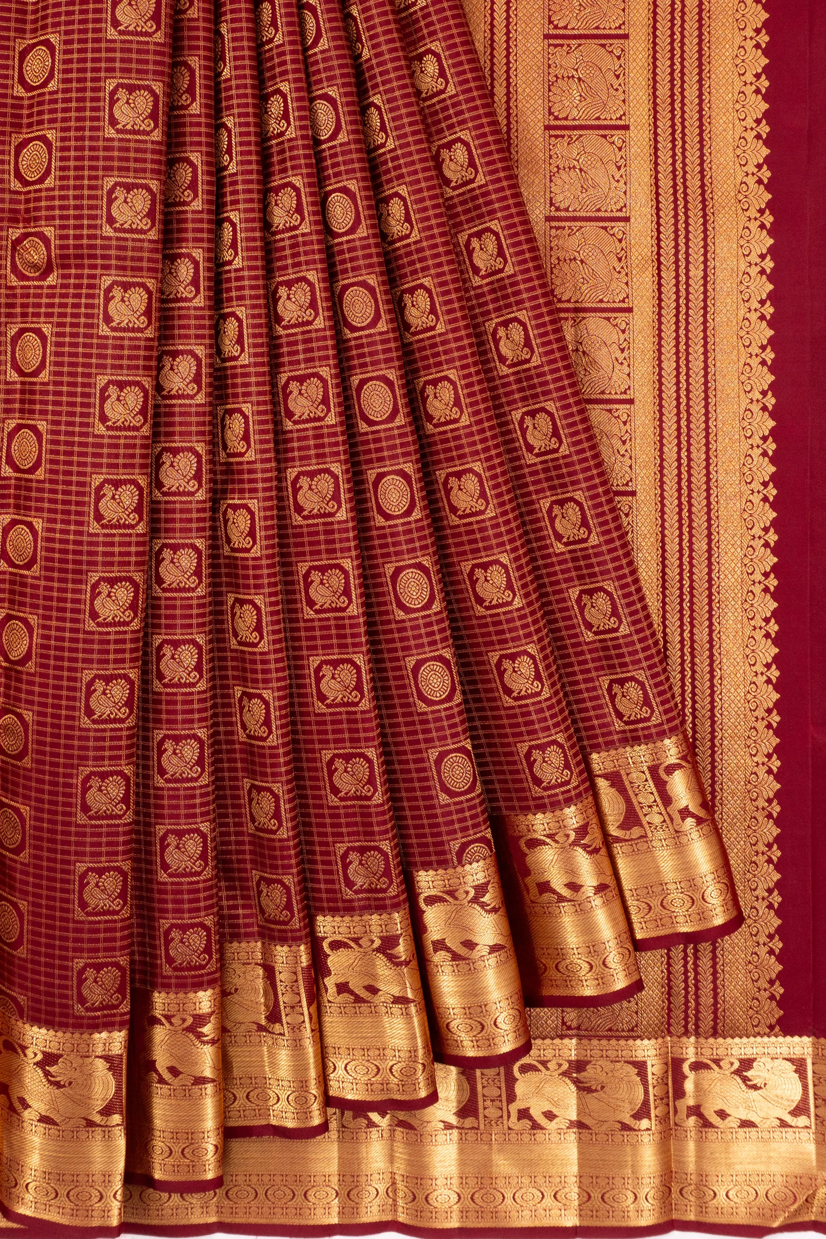 Kanchipuram Silk Checks And Butta Maroon Saree