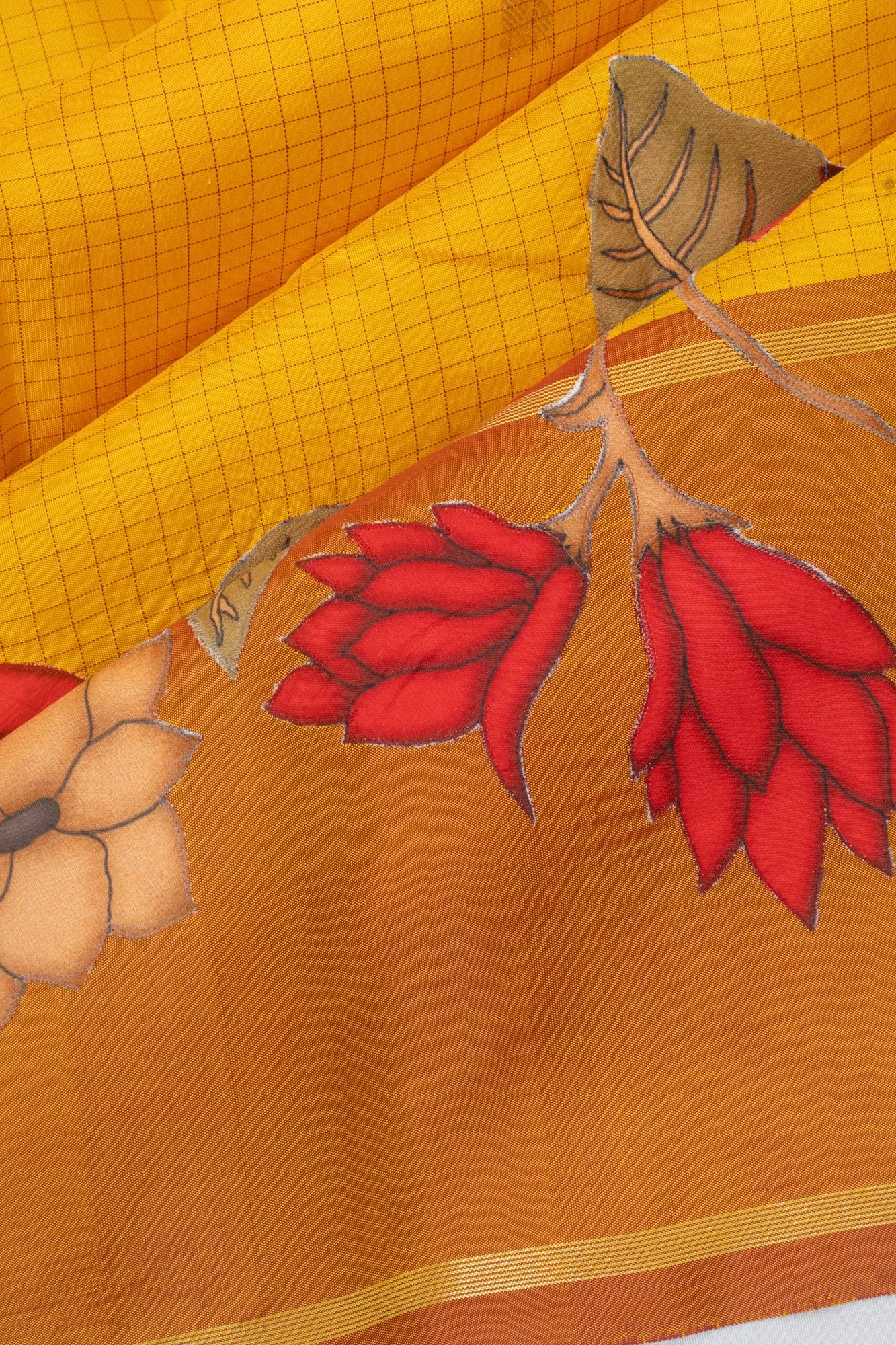 Kanchipuram Silk Checks And Butta Yellow Saree With Applique Work