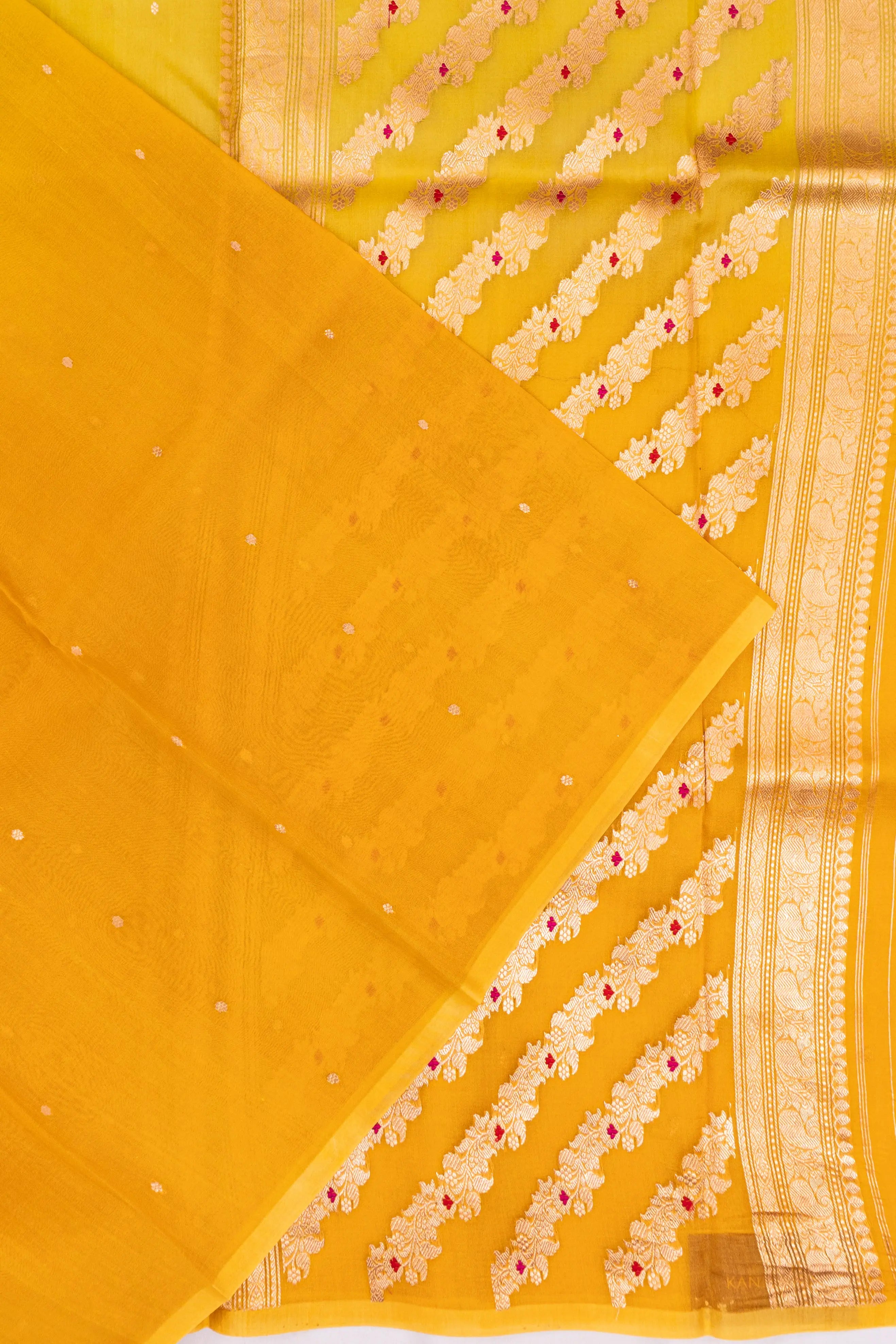 Banarasi Kora Organza Butta Yellow Saree