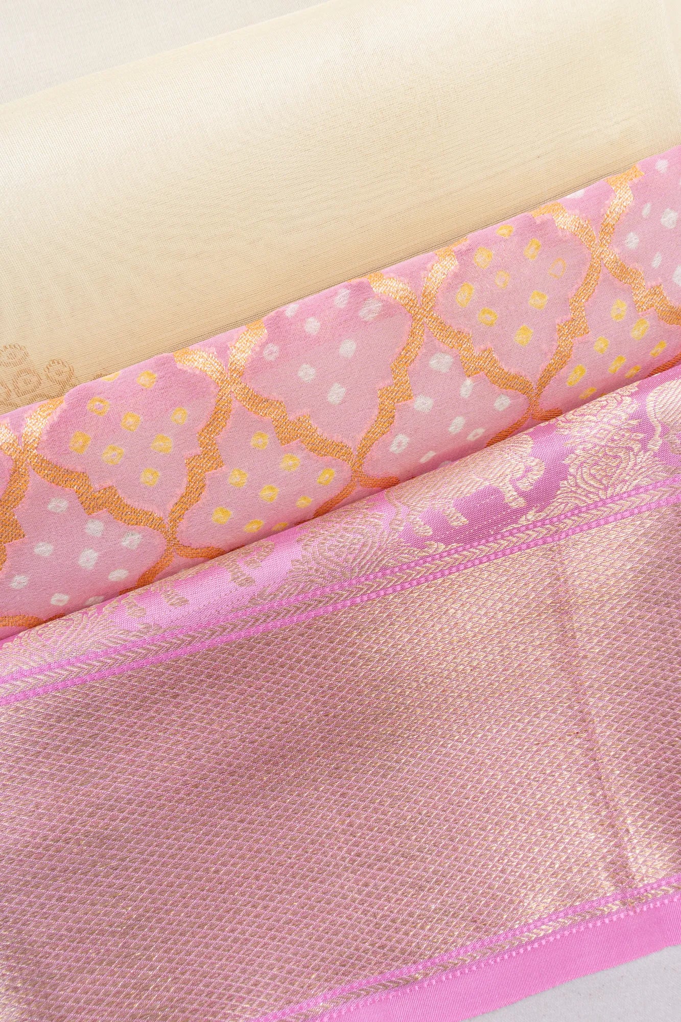 Georgette Bandhani X Kanchipuram Silk Butta Cream Saree With Pichwai Border