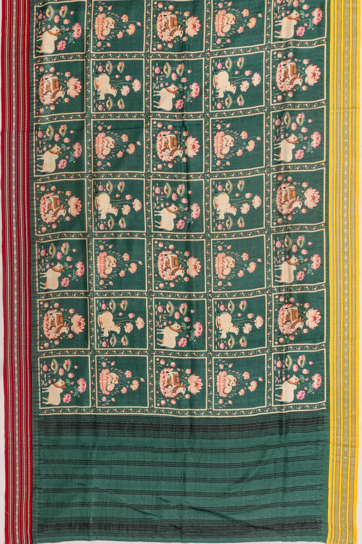 Soft Tussar Pichwai Printed Green Saree With Vidarbha Border
