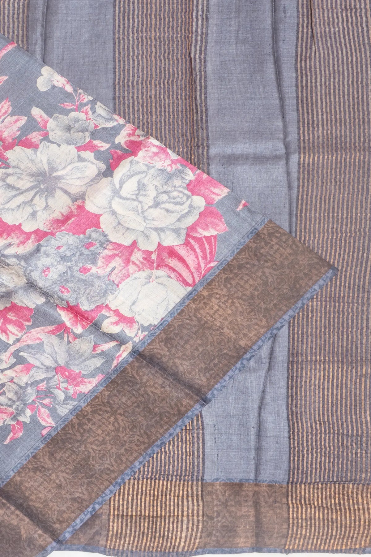 Soft Tussar Floral Printed Pastel Grey Saree