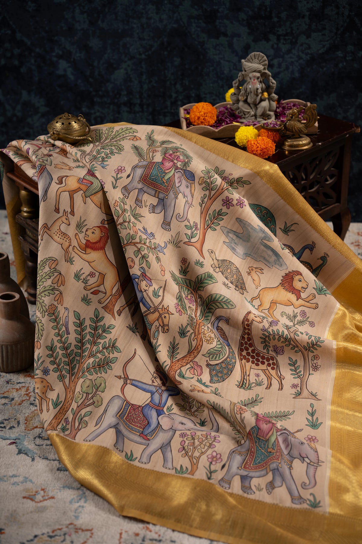 Kanchipuram Silk Printed Beige Saree