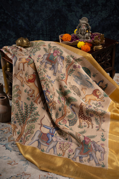 Kanchipuram Silk Printed Beige Saree