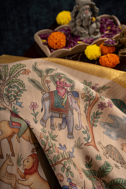 Kanchipuram Silk Printed Beige Saree