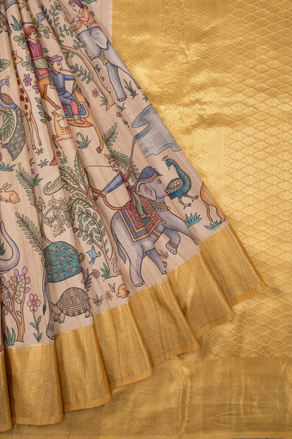 Kanchipuram Silk Printed Beige Saree