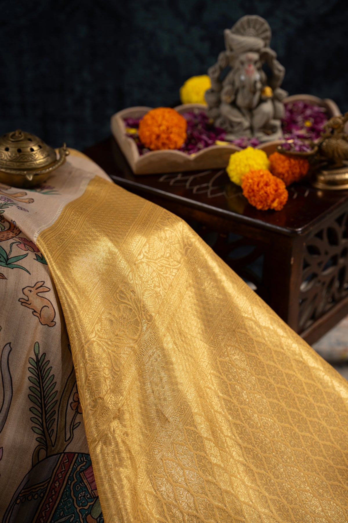 Kanchipuram Silk Printed Beige Saree