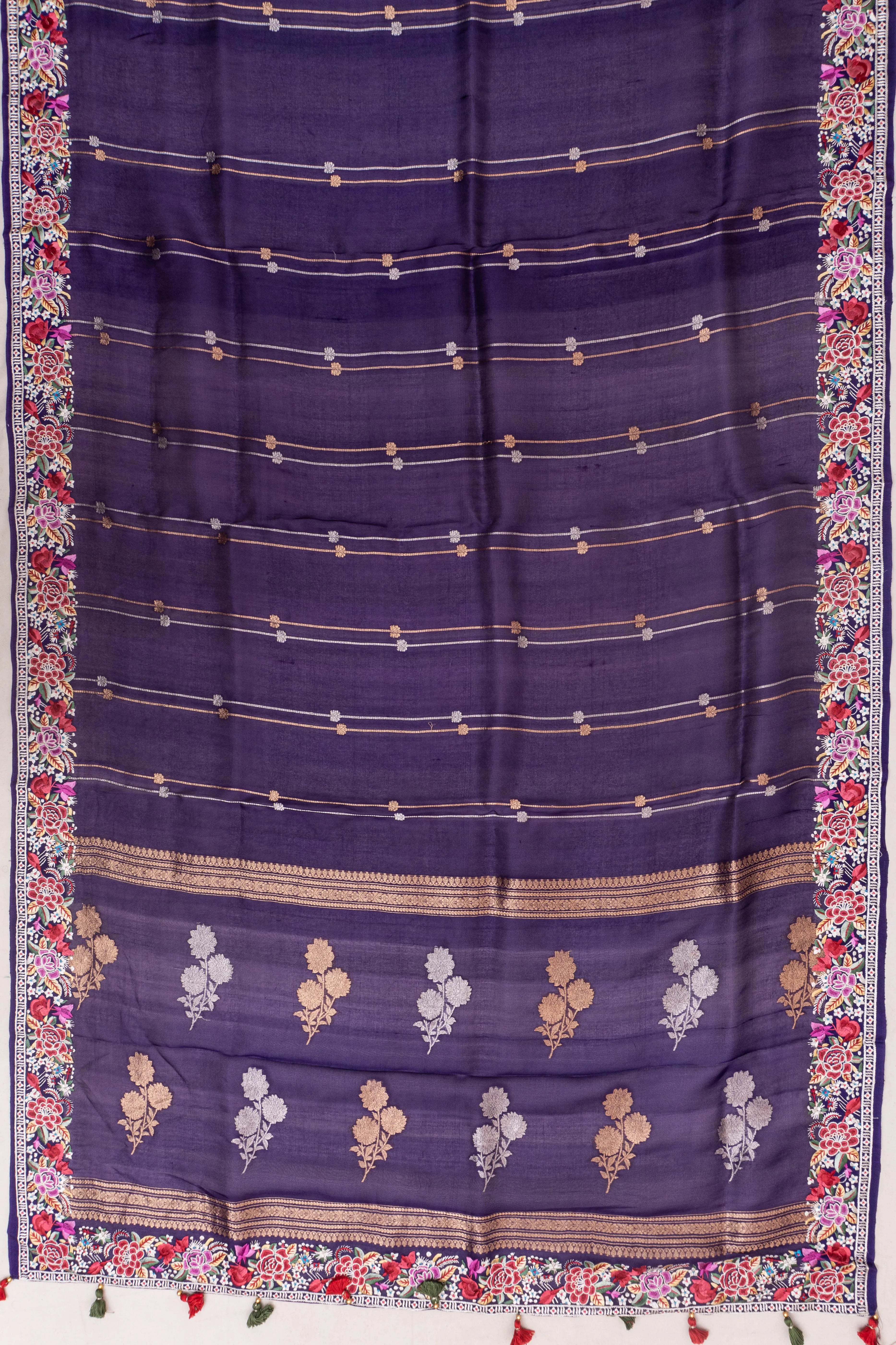 Organza Brocade Dark Blue Saree With Embroidery Border