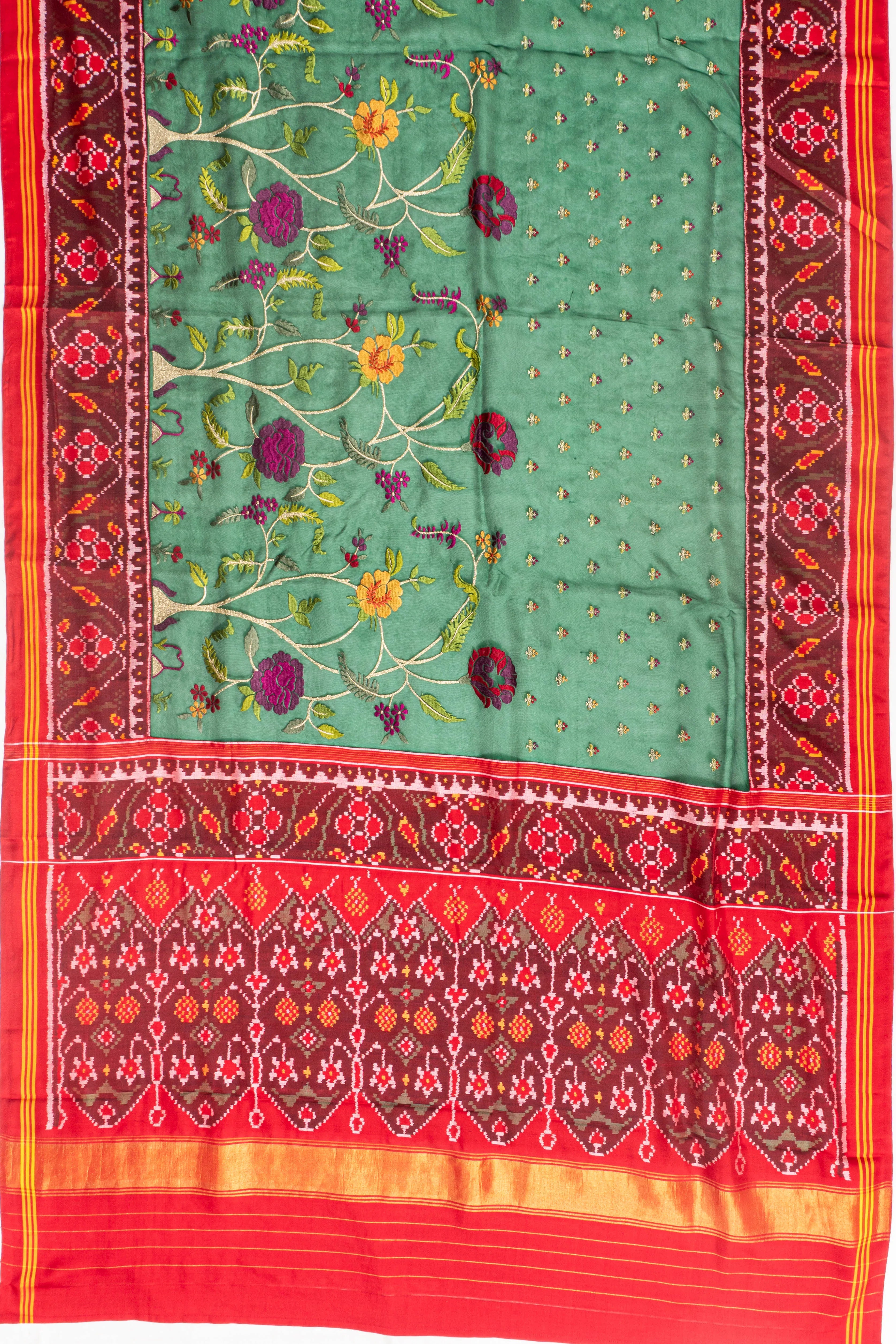 Semi Patan X Organza Embroidery Jaal Green Saree With Ikat Border