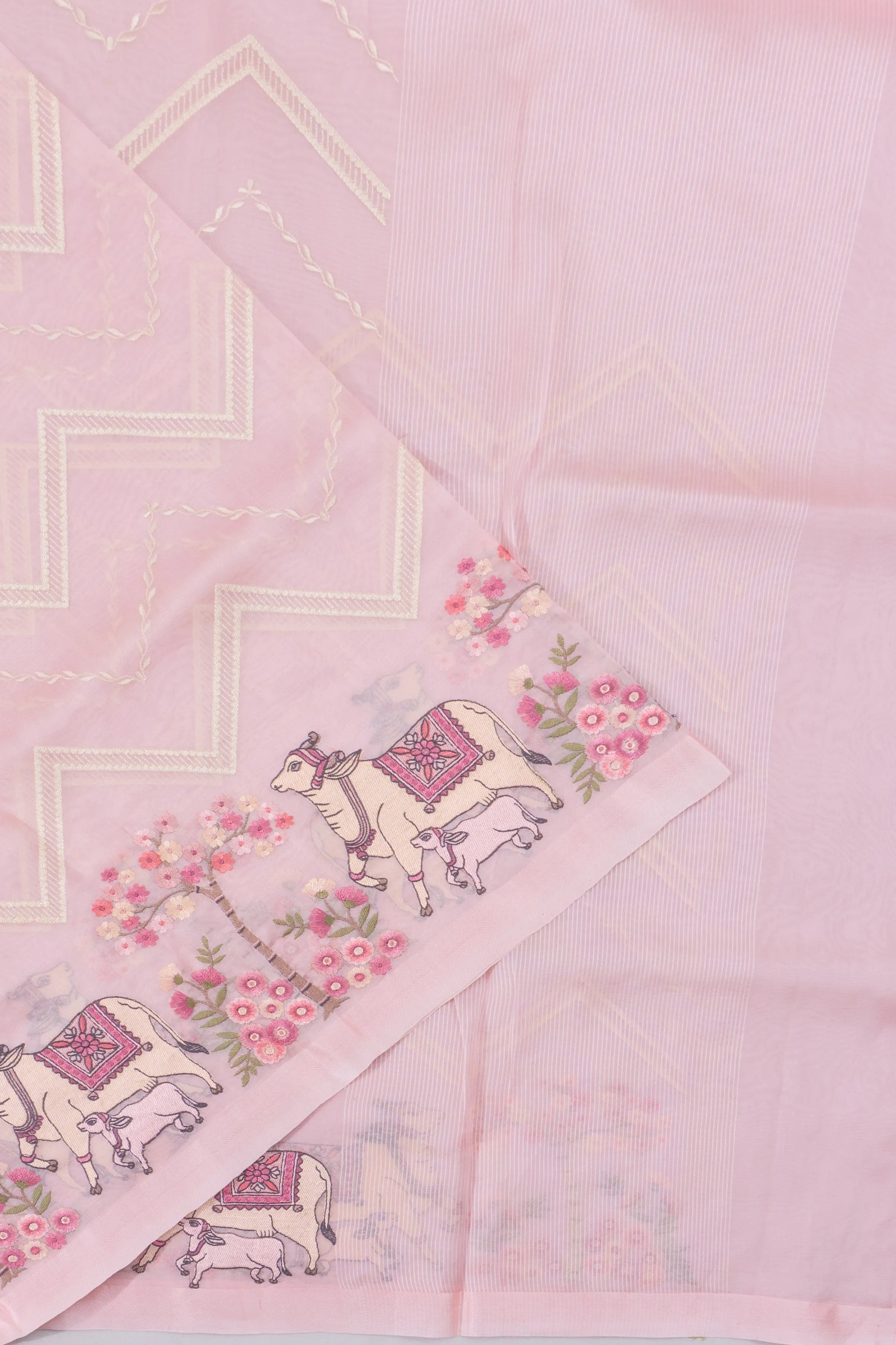 Organza Embroidery Zig Zag Lines Baby Pink Saree With Pichwai