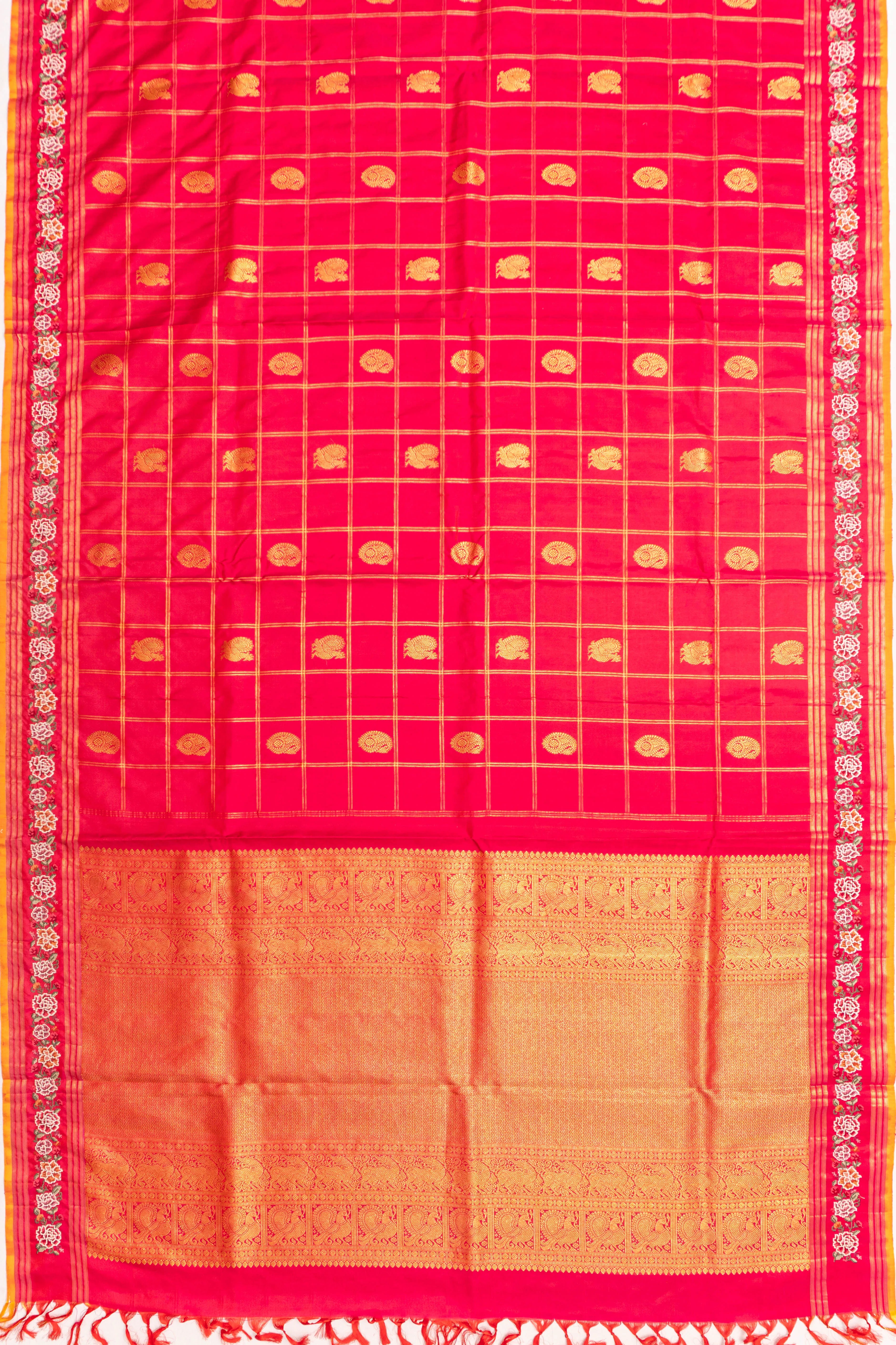 Kanchipuram Silk Checks And Butta Red With Embroidery Border