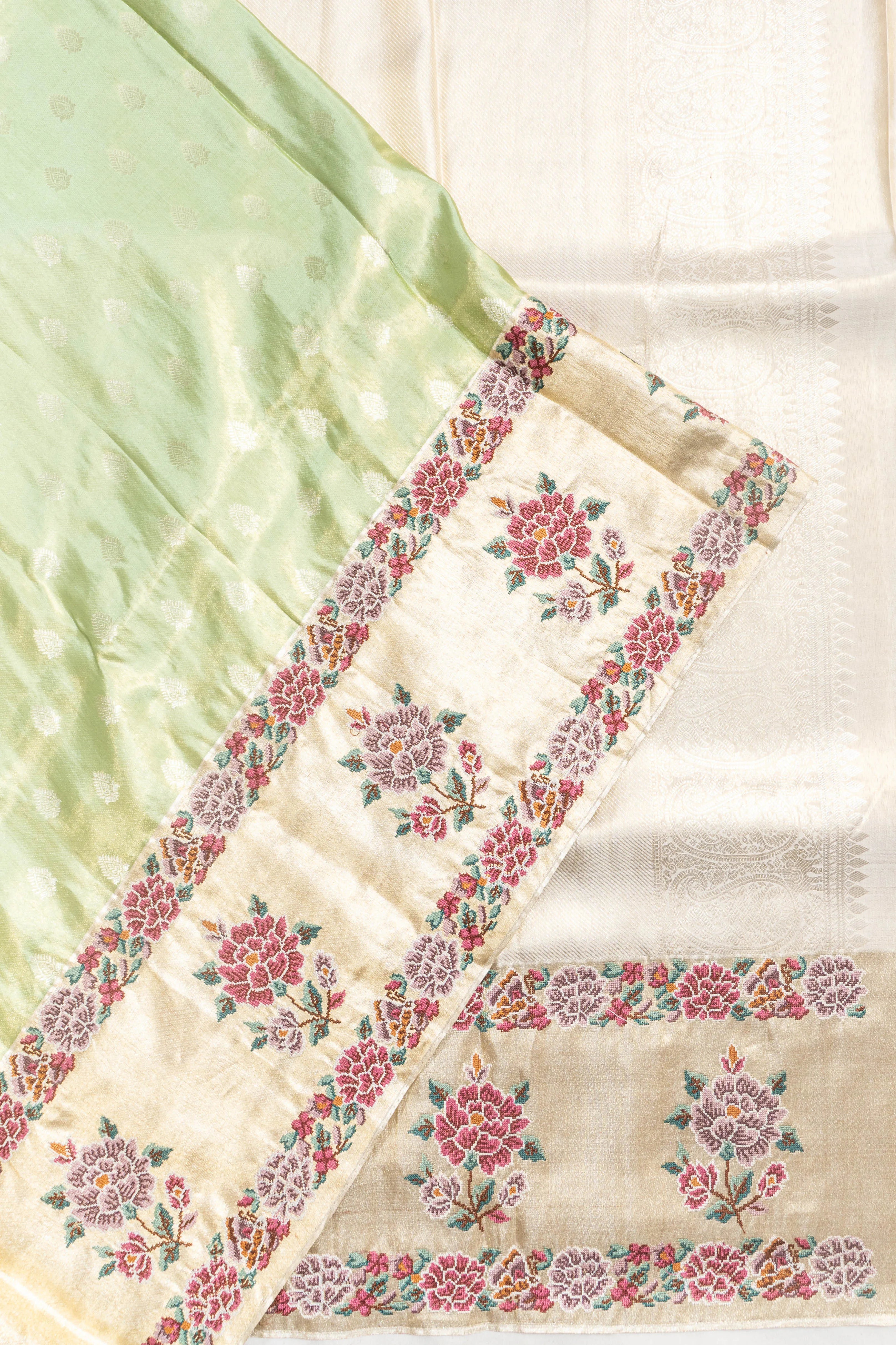 Kanchipuram Silk Tissue Butta Light Green Saree With Embroidery Border