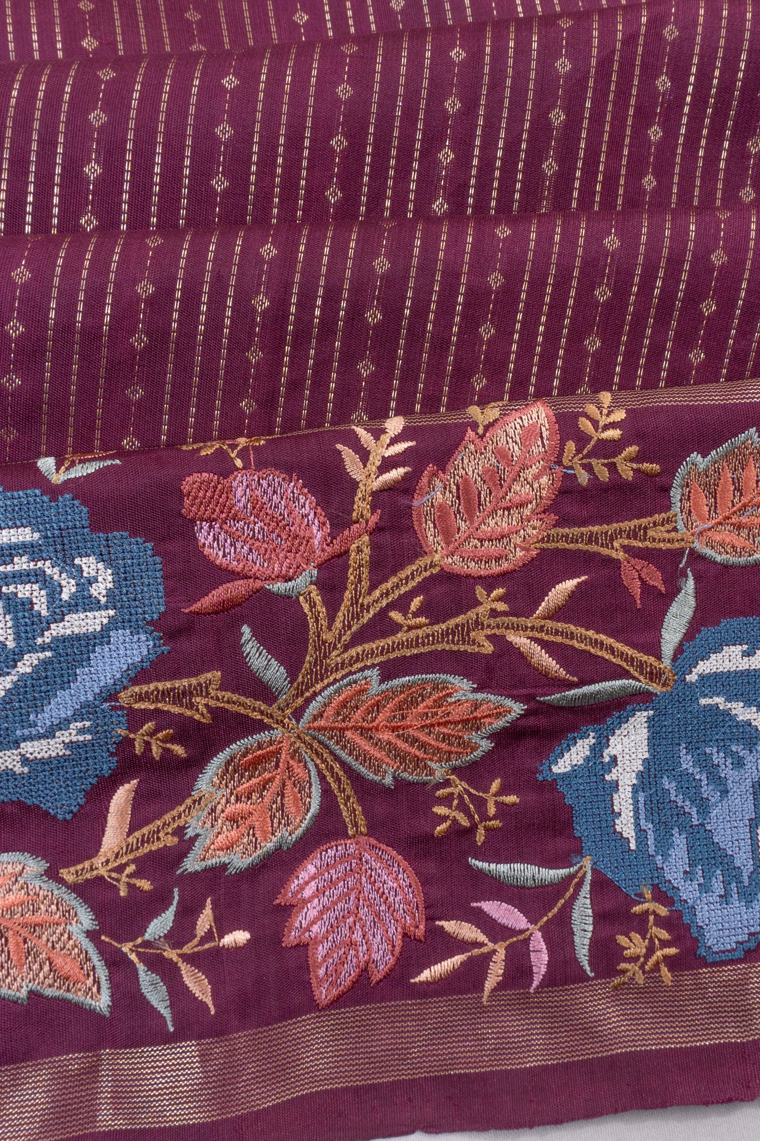 Kanchipuram Silk Brocade Purple Saree With Embroidery Border