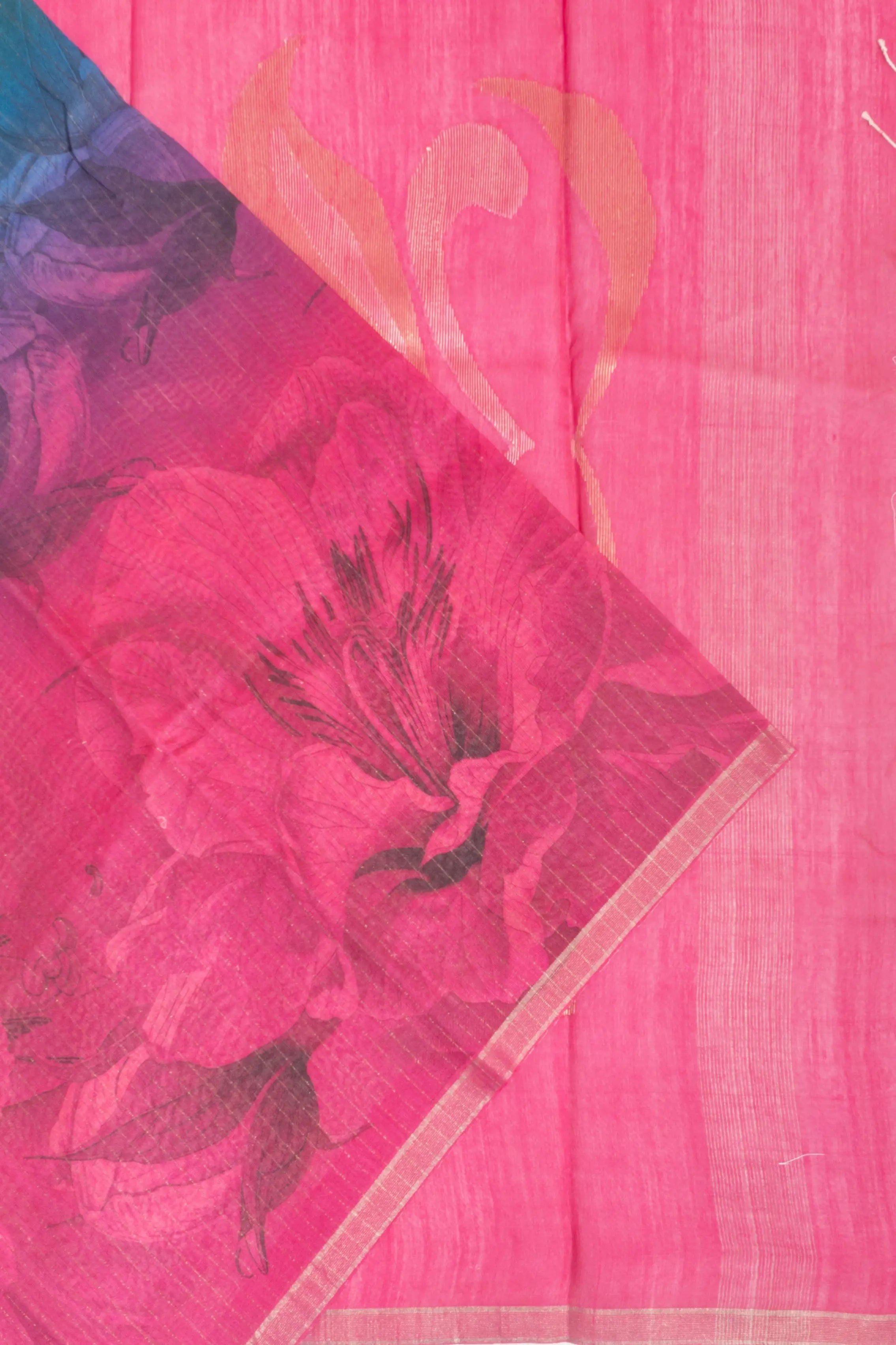 Tussar Floral Printed And Lines Pink And Blue Saree