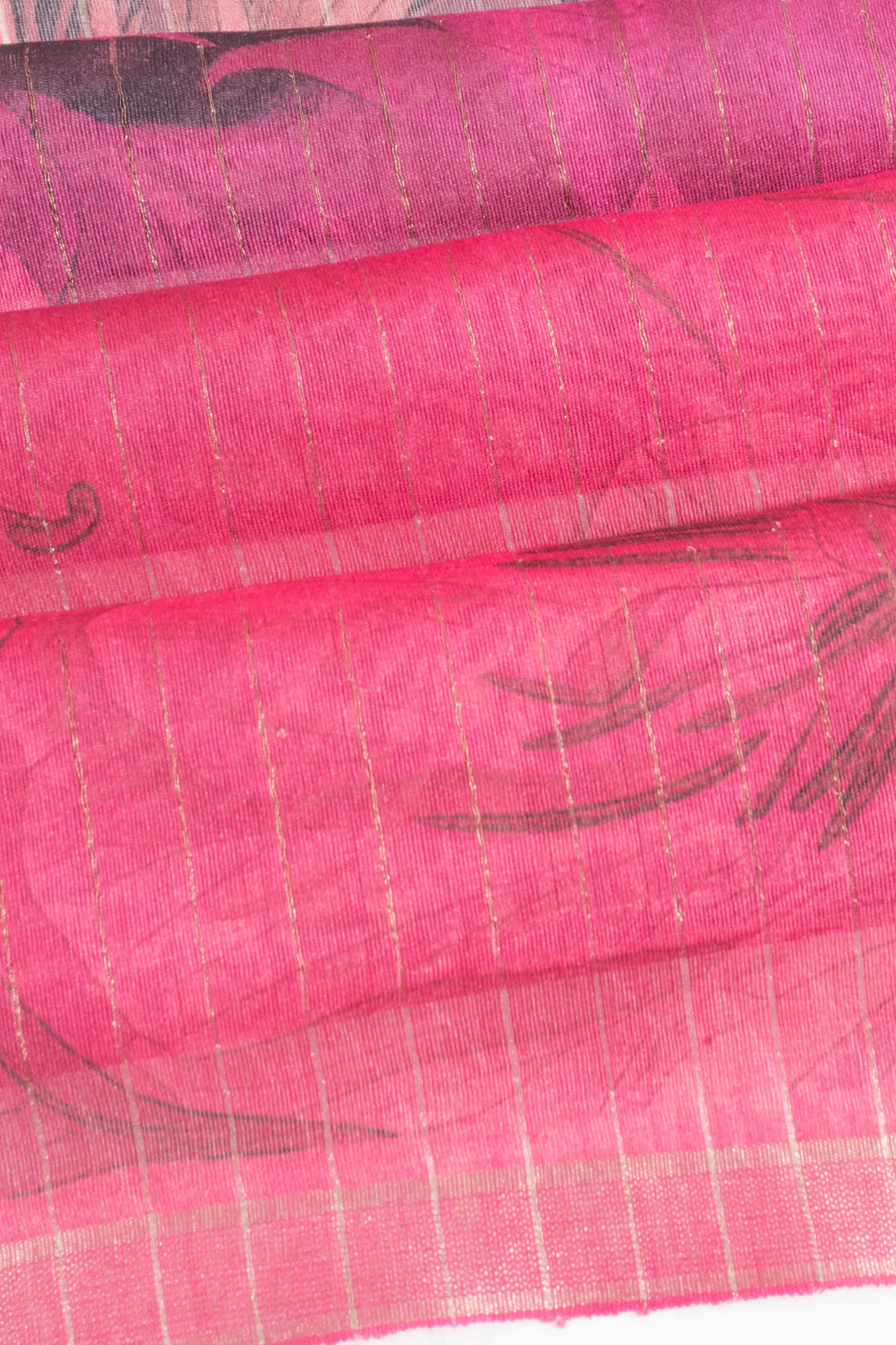 Tussar Floral Printed And Lines Pink And Brown Saree