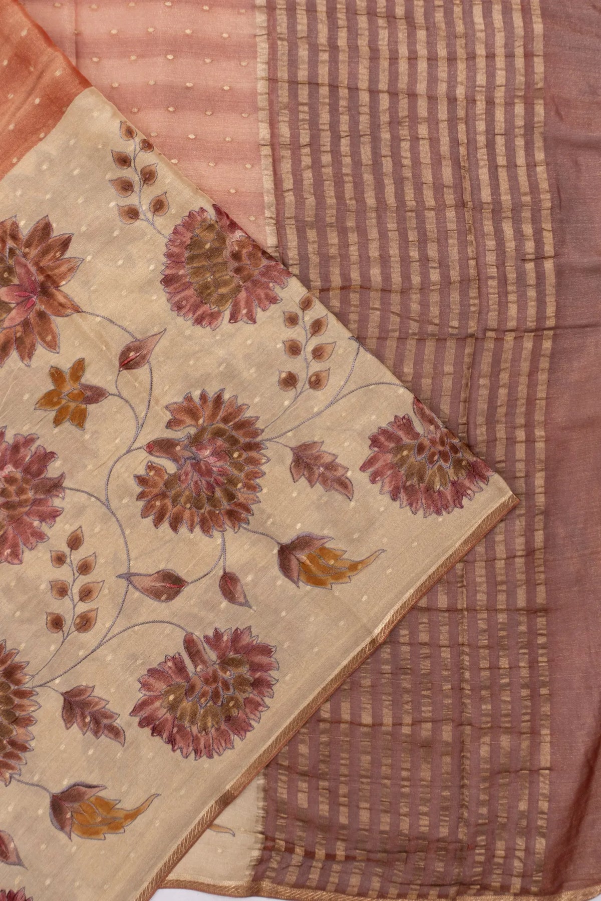 Mysore Silk Half-n-Half Brocade And Jaal Cream And Brown Saree
