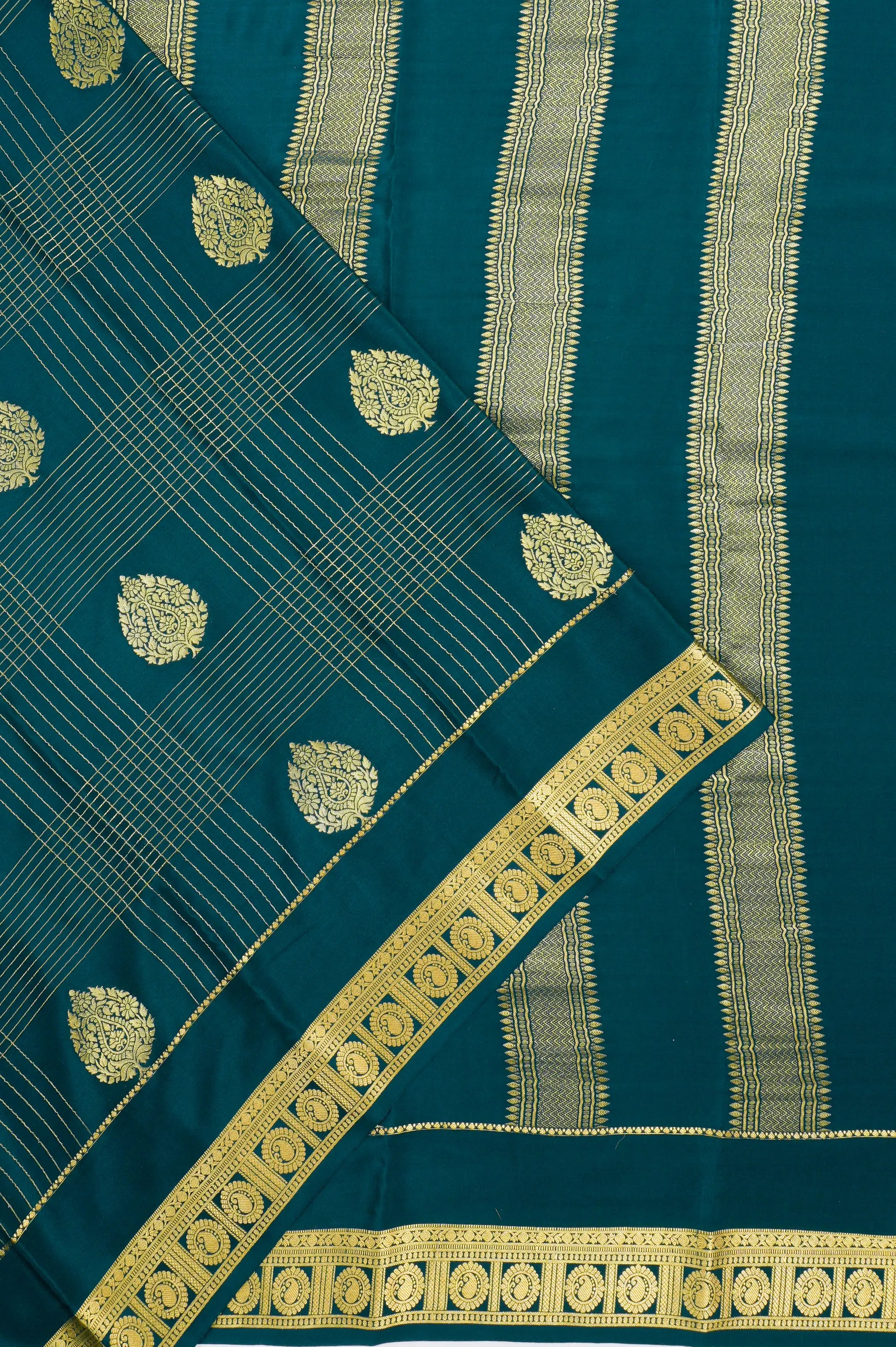 Mysore Silk Checks And Butta Dark Green Saree