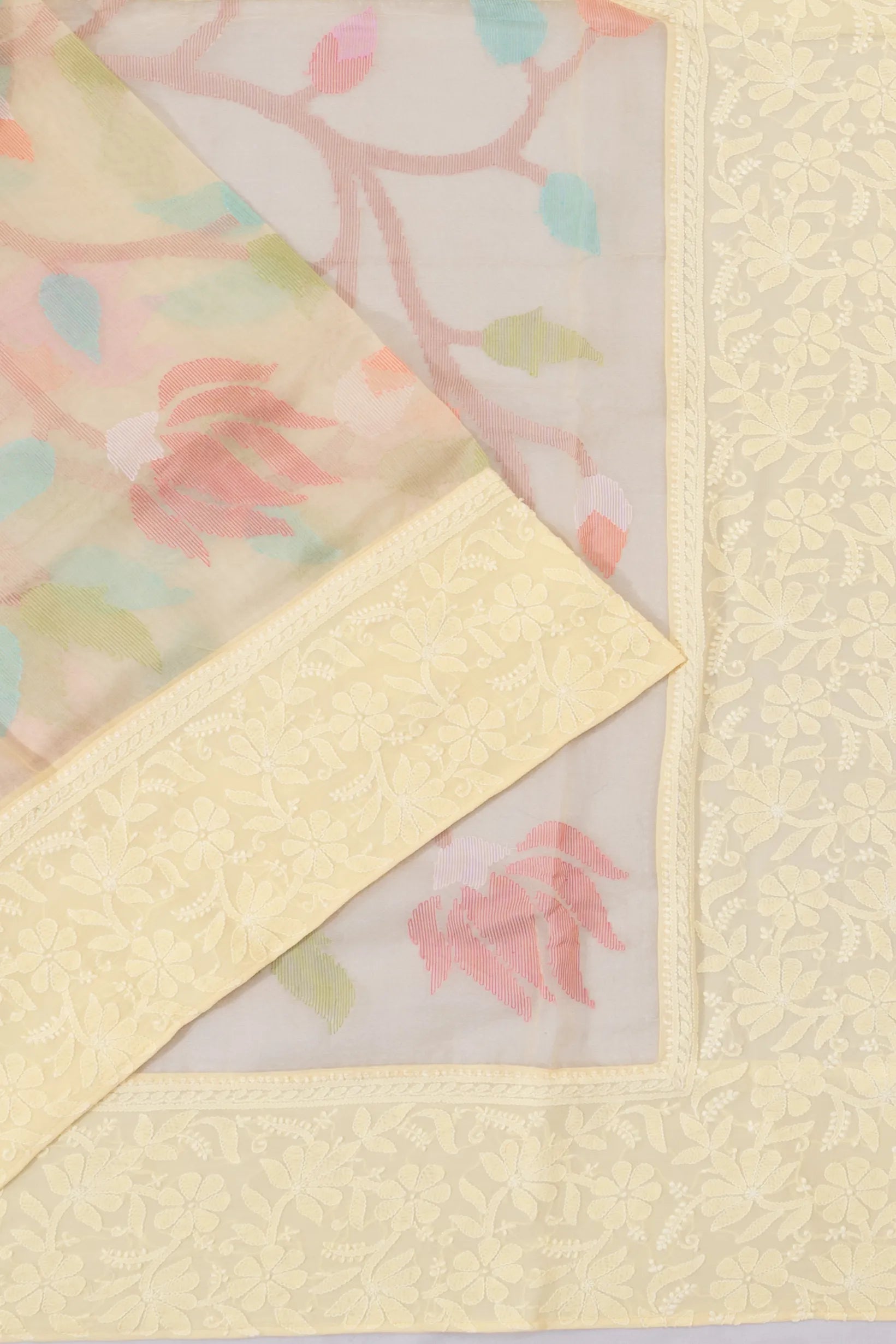 Lucknow Chikankari X Dhakai Kora Organza Jamdani Jaal Pastel Yellow Saree