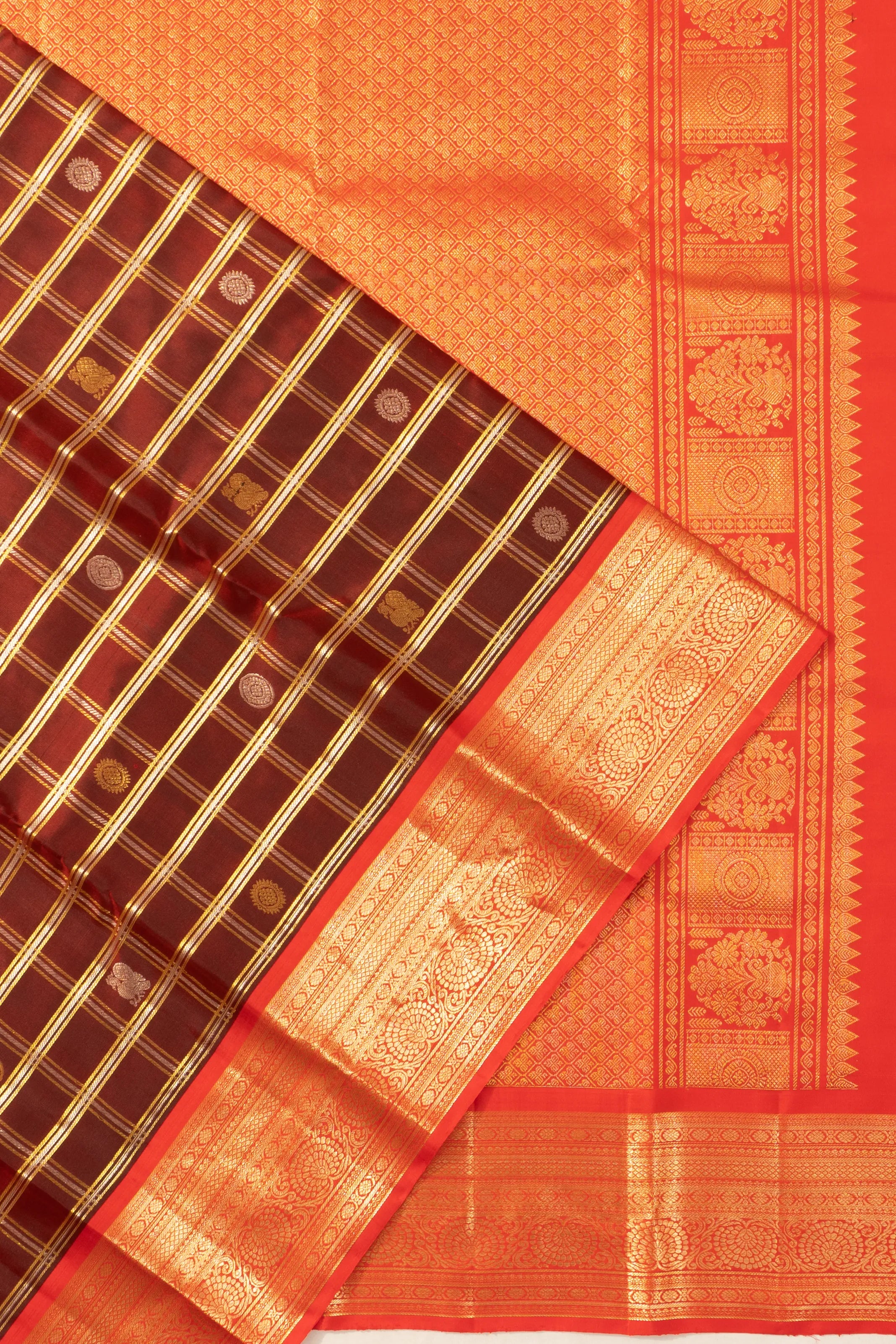 Taranga Kanchi Silk Checks And Butta Brown Saree