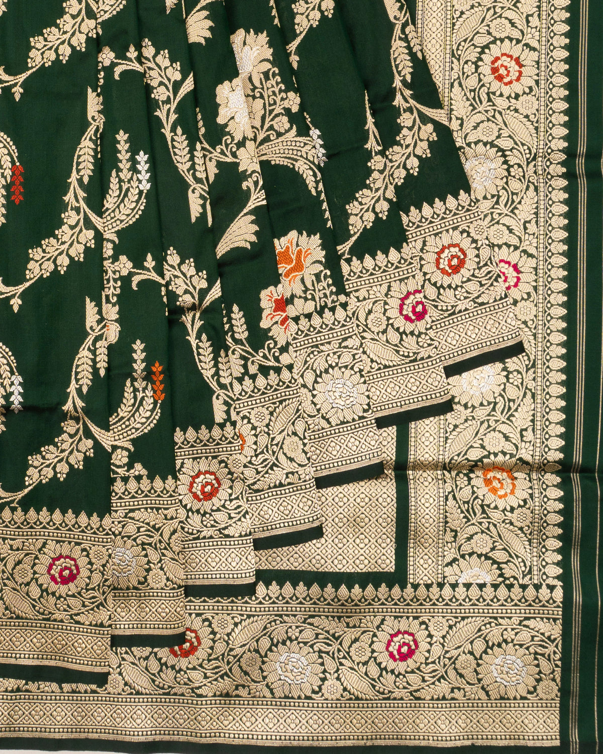 Banarasi Silk Jaal Bottle Green Saree With Meenkari