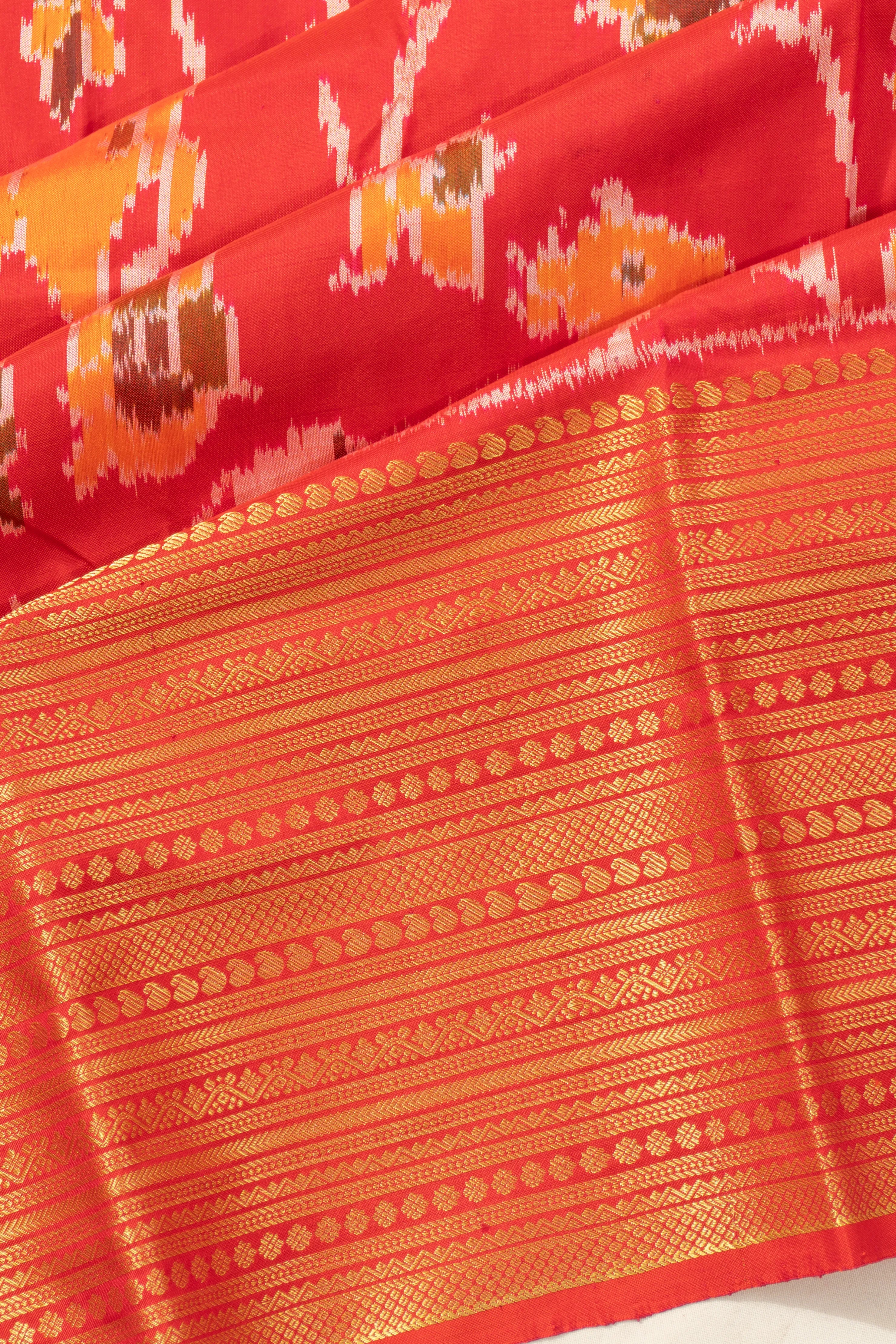 Kanchipuram Silk Ikat Red Saree With Pichwai Motif