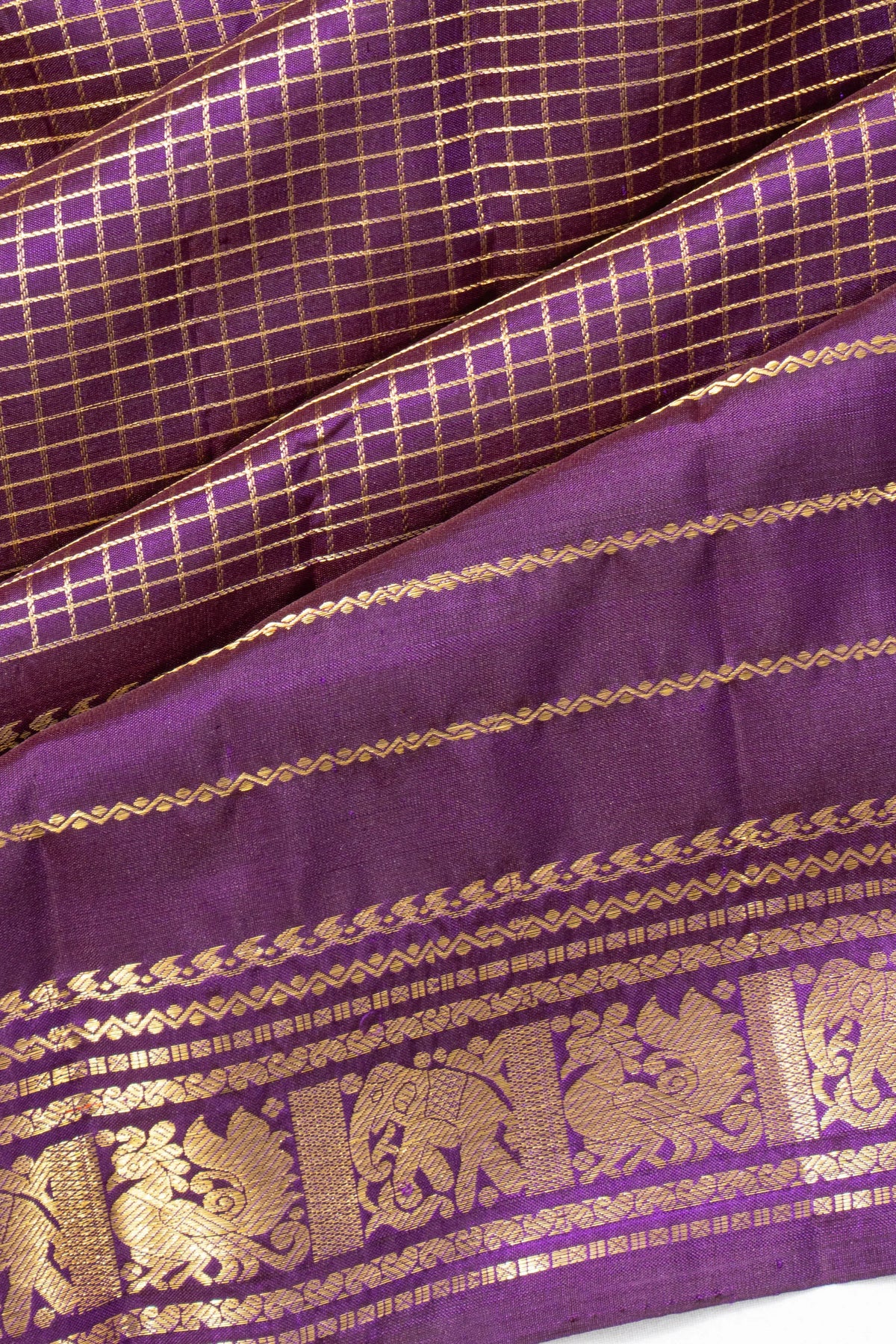Classic Kanchipuram Silk Checks Purple Saree With Big Border