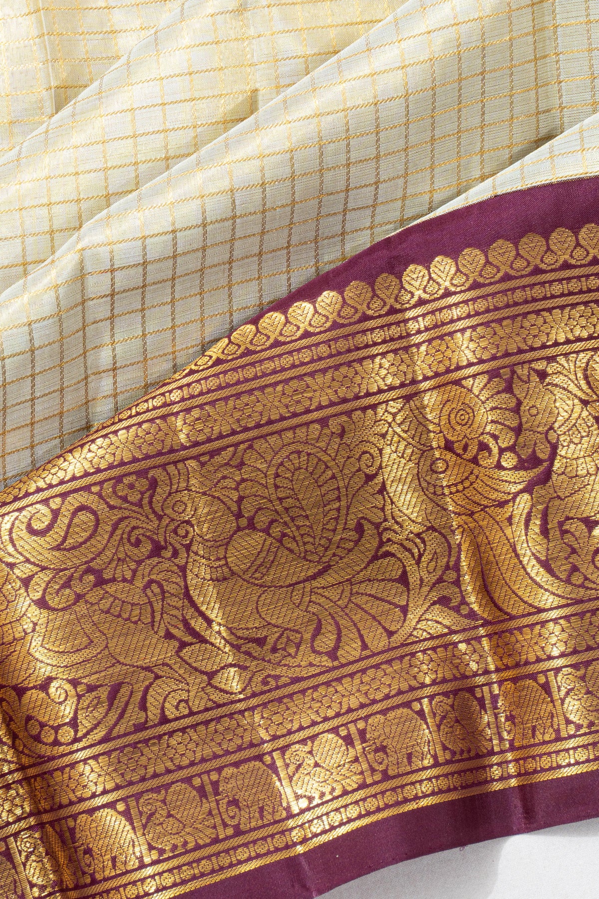 Classic Kanchipuram Silk Checks White Saree